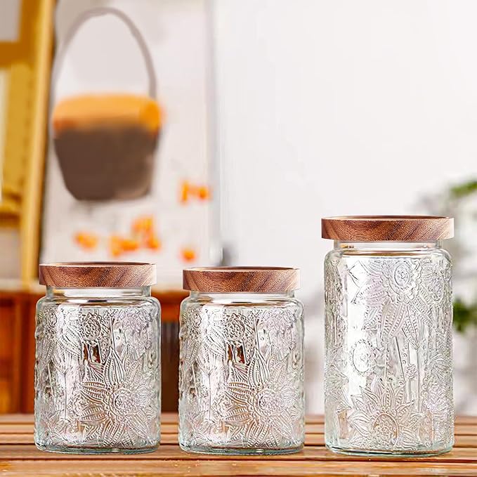 Vintage Glass Jars with Wooden Lids, 24 oz Airtight Glass Food Storage Containers Sets for the Kitchen, Sugar Coffee Tea Cookie Candy Spice Pasta(Sunflower)