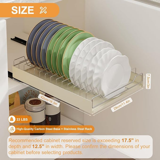 LinTimes Expandable Pull-Out Cabinet Organizer, Stainless Steel + Carbon Steel Cabinet Frame Dish Rack, Upgraded Sliding Drawer, 42.3 * 30 * 7.5cm White