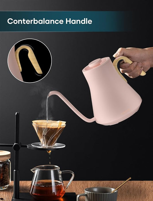 INTASTING Electric Kettle, Gooseneck Electric Kettle, ±1℉ Precise Temperature Control, Stainless Steel Interior, Quick Heating for Pour Over Coffee, Tea & Boiling Water, 0.9L (Pink)