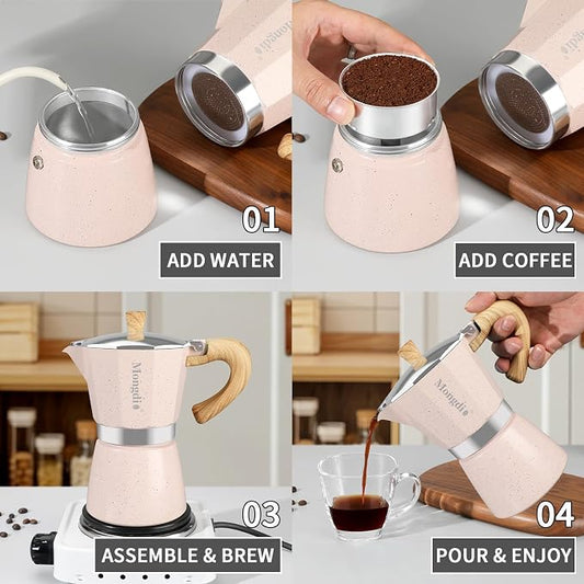 Mongdio Stovetop Espresso Maker Moka Pot, Cuban Coffee Maker Stove top coffee maker Moka Italian Espresso Greca Coffee Maker Brewer Percolator, 6 Espresso Cups, 10 oz - Pink