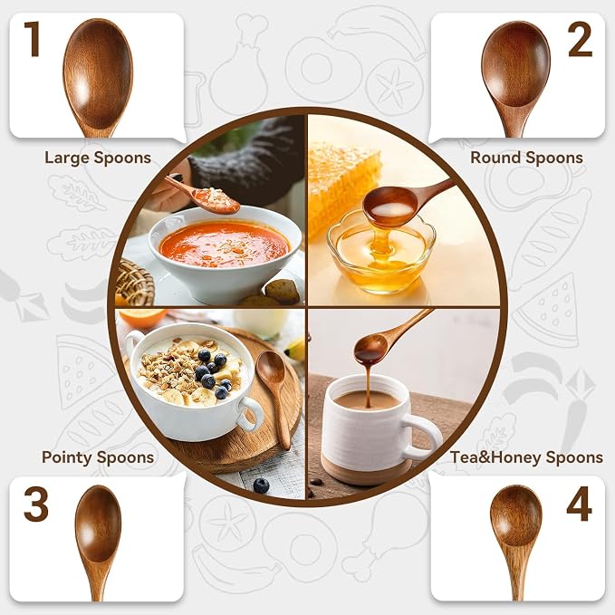 MORGLES 8Pcs Small Wooden Spoons Set – 4 Sizes & Shapes for Honey, Coffee, Tea, Soup & Oatmeal | 2 Round Spoons Included | Handcrafted, Food-Safe Finish