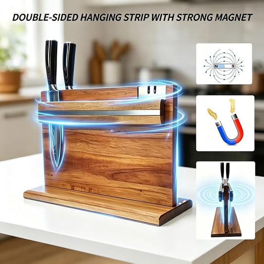 Large Magnetic Knife Holder - 14.5 x 11" Double-Sided Acacia Wood Block with Built-in Sharpener, Holds 14+ Knives, Premium Kitchen Counter Organizer for Professional Chefs