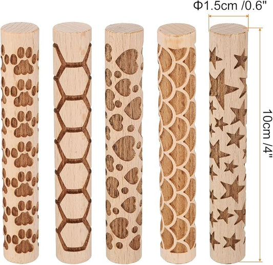 HARFINGTON 5pcs Wood Clay Roller 4" Paw Print Pattern Rolling Pins Wood Rollers Pottery Tools Wood Grain Texture Rollers for Clay Baking Dough Playdough DIY