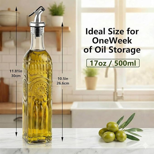 WERTIOO Olive Oil Dispenser Bottle for Kitchen,17oz Clear Glass Cooking Olive Oil and Vinegar Dispenser with Funnel, Delicately Engraved Glass Bottles for Kitchen