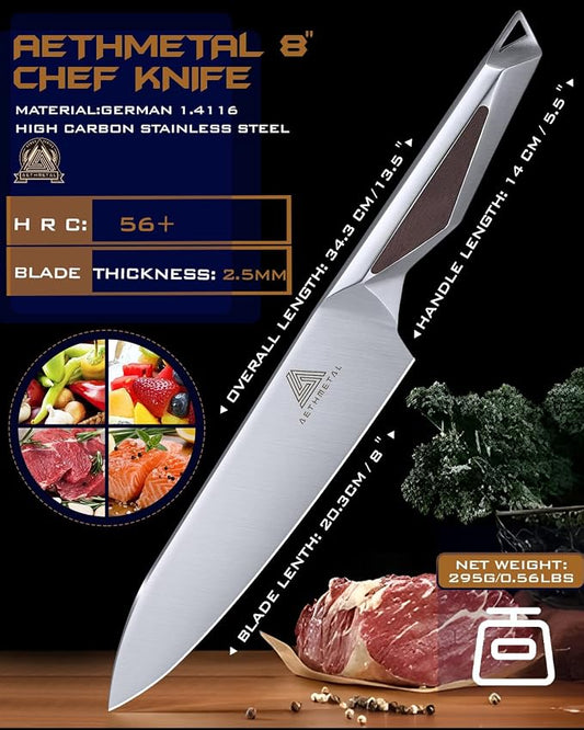 8 Inch Chef Knife, Full-Metal Kitchen Knife with Ergonomic Handle, High-Carbon Stainless Steel Chef’s Knife for Home & Pro Cooking, Precision Cutting, Gift-Ready Packaging