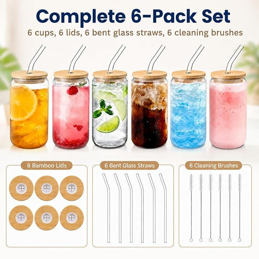 Glass Cups with Lids and Straws Set of 6, 16 oz Can Glasses with Bamboo Lids and Glass Straws, Iced Coffee Cups for Small Kitchens, Soda, Smoothies and Daily Drinks