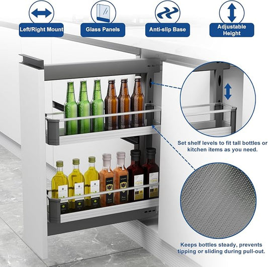 VADANIA Naro Pull Out Cabinet Organizer with Glass Side Panels, 2-Tier Spice Rack for 10" Base Cabinets, Soft Close Full-Extension Slides, Reversible Left or Right Side Mount