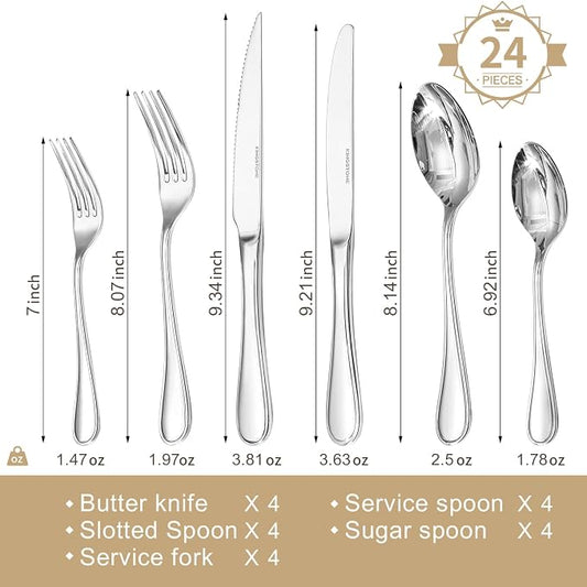 KINGSTONE 24 Piece Teardrop Silverware Set with Steak Knives, 18/10 Stainless Steel Flatware Set for 4, Modern Design Cutlery Set for Home/Hotel/Wedding,Mirror Polished and Dishwasher Safe