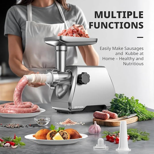 AIRMSEN Electric Meat Grinder & Mincer – Heavy Duty Professional Stainless Steel Sausage Maker & Stuffer with 3 Plates, 2 Stainless Blades & Kubbe Kit – Fast, Quiet, Easy to Clean for Home Kitchen Use