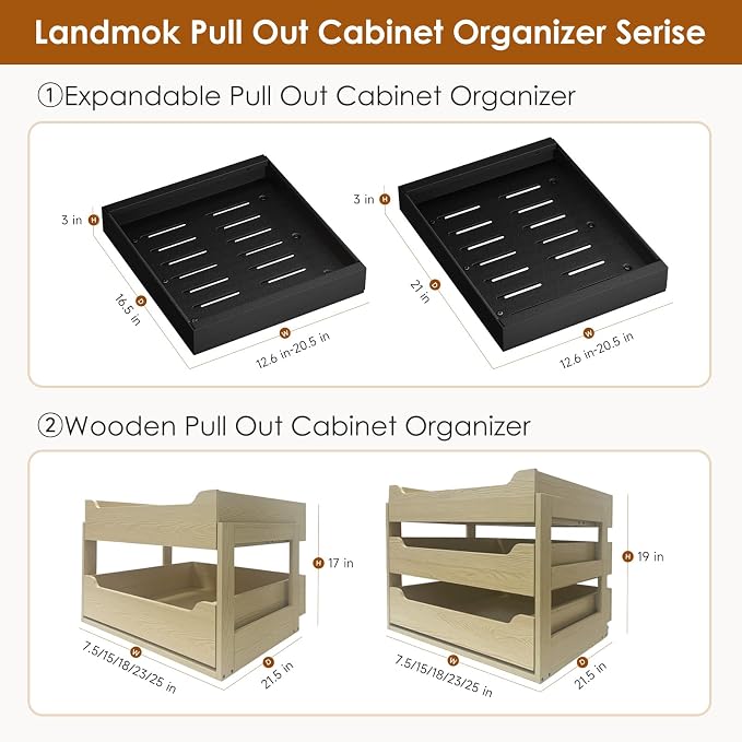 2 Pack Expandable Pull Out Cabinet Organizer 16.5" Deep, Adjustable Width 12.6"-20.5", No Drill Adhesive with Triple Track Rails, Heavy Duty Slide Out Drawers for Kitchen,Pantry,Cabinets,Black