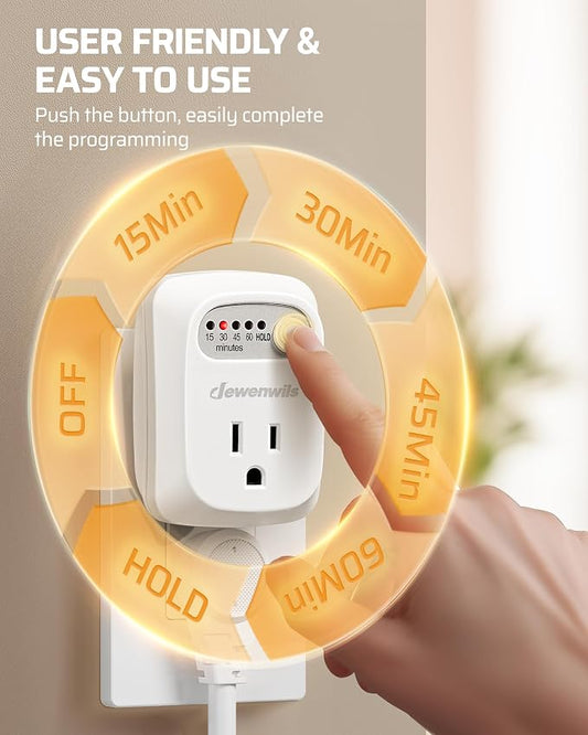 DEWENWILS Indoor Countdown Timer Outlet, 15/30/45/60min Settings, Auto Shut Off Safety Outlet for Lights, Seasonal Decor, Coffee Pot, 125V/15A Resistive/1000W Tungsten, 3 Prong, 1/3 HP, 2 Pack