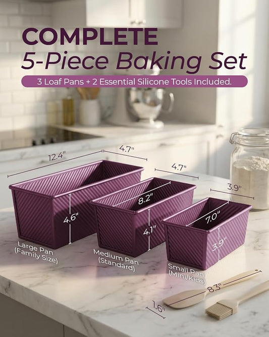 CARTMAN 3-Piece Pullman Loaf Pan with Lid Set โ Non-Stick Carbon Steel Bread Pan with Bottom Vents โ Includes Large (12"), Medium (8") & Mini (7") Sizes plus Silicone Tools โ Plum Purple