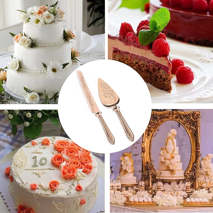 KSENDALO Elegant Wedding Cake Knife and Server Set with Hollow Handle, Rose Gold Serrated Knife Cake Cutting Set, 18/8 Stainless Steel Pie Server for Weddings, Birthdays & Anniversary,13.78inch Long