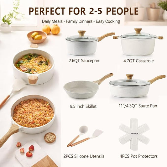 SENSARTE Nonstick Ceramic Cookware Set, 13-Piece Non-toxic Pots and Pans Set, Healthy Kitchen Cooking Set with Stay-Cool Handles, Silicone Tools and Pot Protectors, PFAS Free