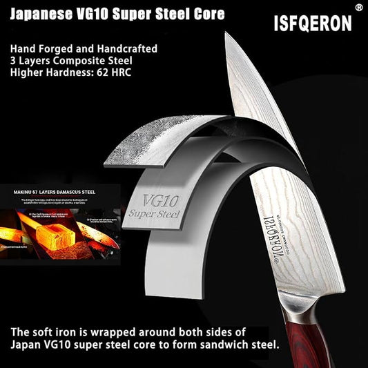 Japanese Chef Knife,8-Inch Damascus Chef Knife - Japanese VG10 High Carbon Stainless Steel, 67-Layer Hand-Forged Blade with Ergonomic Colorful wooden Handle -Gift Grindstone Included