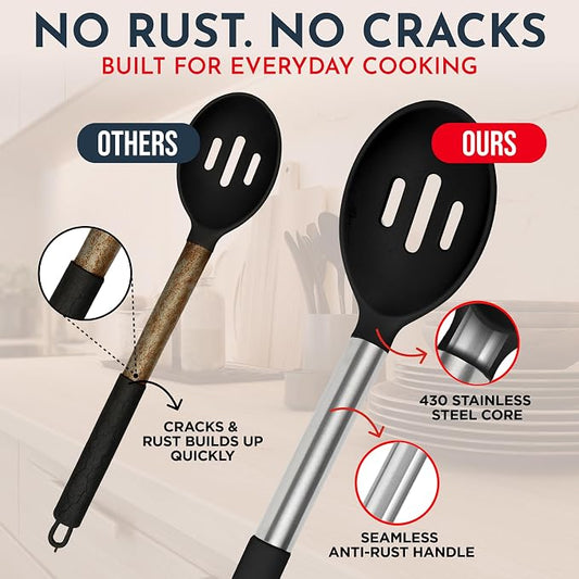 Silicone Kitchen Utensils Set 34 Pieces 450 °F Heat Resistant - Black Cooking Utensils-Set for Nonstick Cookware - Silicone Spatulas Set, Stainless Steel Handle & Other Kitchen accessories