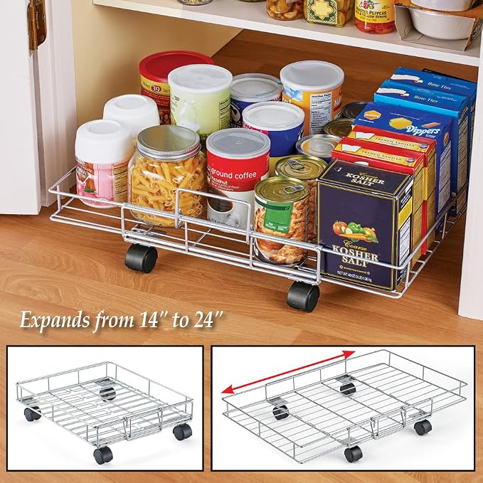 Collections Etc Flat Rolling Floor Shelf Metal Storage Cart - Expandable to 24" W - Slim Cart Holds Up to 22 Lbs. on 4 Caster Style Wheels, Fits Under Beds, Desks or Shelving