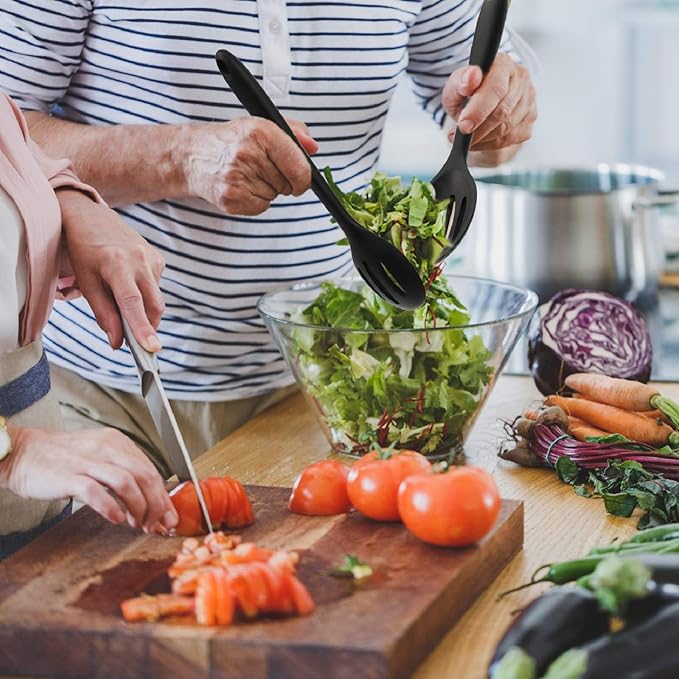 Boao 4 Pcs Silicone Spoons for Cooking 10.6 Inch Large Nonstick Serving Spoons Heat Resistant Slotted Spoon for Mixing & Stirring Kitchen Cooking Utensils, Dishwasher Safe(Black)
