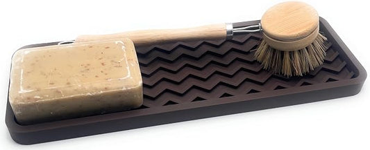 Silicone Sink Organizer Tray, Rectangular, Modern Style, Heat Safe, Dishwasher Safe, for Bathroom and Kitchen Organization (Dark Chocolate, 12"x4", Chevron Pattern)