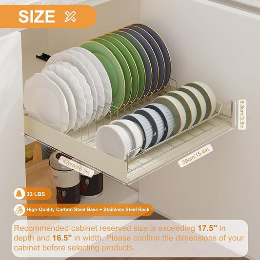 LinTimes Expandable Pull Out Cabinet Organizer, Stainless Steel + Carbon Steel Cabinet for Framed Cabinets, Upgrade Slide Rails Slide Out Drawers, Dish Combination Shelf, 42.3 * 40 * 7.5cm White