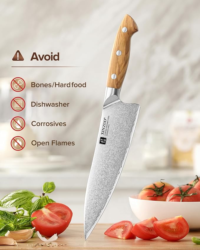 XINZUO Gyuto Chef Knife - 8.3 Inch Kitchen Knife 3 Layer 10Cr15Comov Steel Core High Carbon Steel Blade, Sharp Cutting Knife With Olive Wood + Stainless Steel Rivet Handle