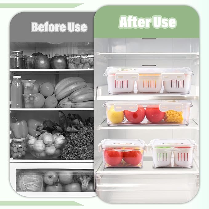 Divided Serving Tray with Lid - 2 Pack Fresh Keeper Fruit Storage Containers for Fridge Stackable Vegetable Saver for Refrigerator Airtight Snack Organizer Containers 6 Boxes