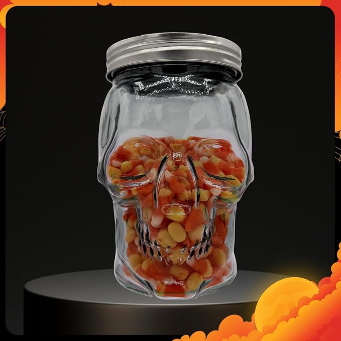 DURA LIVING Set of 2 Skull Mason Jar Glasses with Lids | 42oz Reusable Halloween Drinking Glasses | Unique Skull Décor, Storage, & Canning Jars for Parties & Gifts