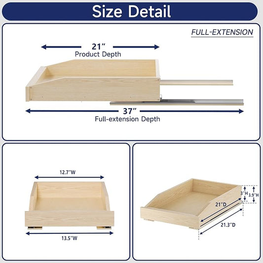 Pull Out Cabinet Organizer 13.5" W x 21" D, Soft Close Slide Out Wood Drawer Shelf for Kitchen Cabinets, Pull Out Cabinet Drawer for Base Cabinet, Pantry and Bathroom Storage, Bottom Mount