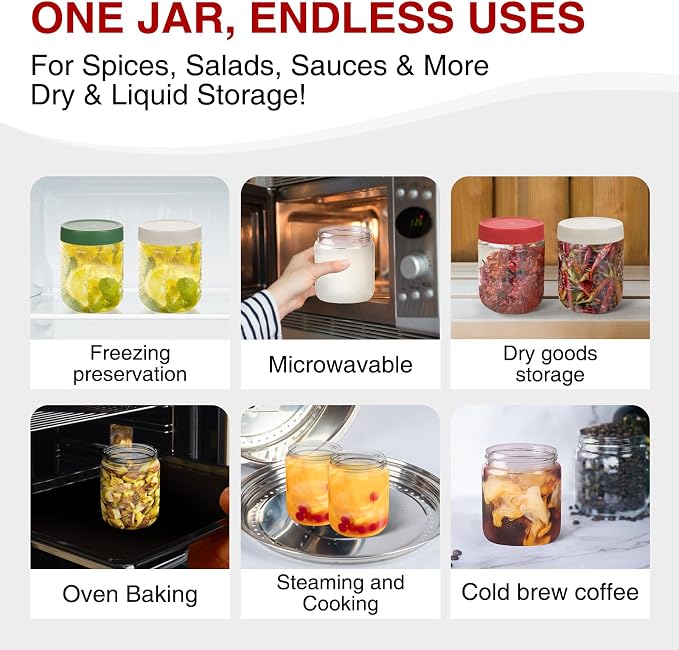 6 Pack 16oz Borosilicate Glass Meal Prep Jars with Airtight Lids - Leak & Spill Proof, Wide Mouth, BPA-Free - Freezer to Oven Safe for Soup, Bone Broth, Overnight Oats