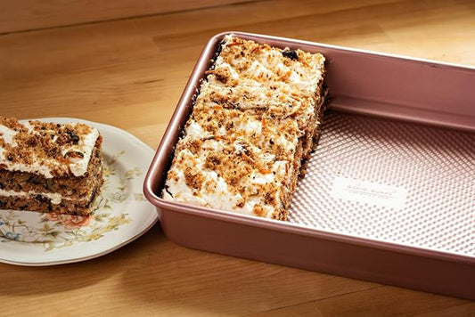 David Burke 13x9 Oblong Baking Pan โ Carbon Steel, Non-Stick, PFTE & PFOA Free, Oven Safe with AirFlow Baking Technology โ Rose Gold