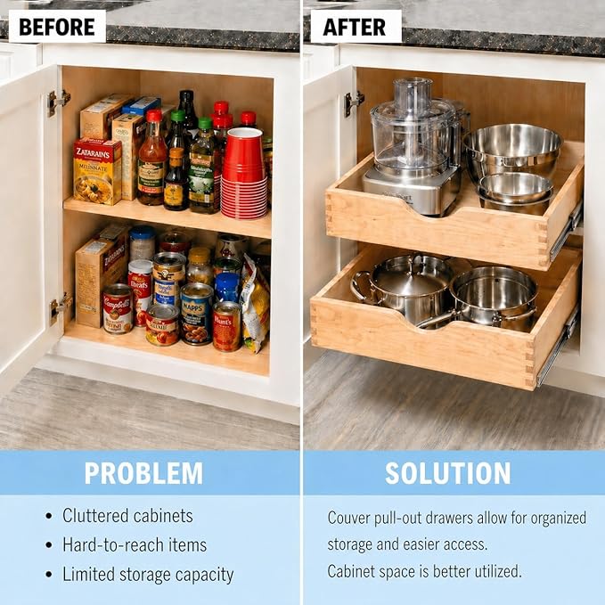 Couver Pull Out Drawers For Cabinets, Soft Close Slide Out Wood Shelves Storage Organizer for Kitchen, Finished, Heavy-Duty, Bottom/Side Mount, 15"W x 21"D x 3"H