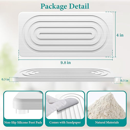 Water Absorbing Stone Tray, Quick Drying Diatomite Bathroom Tray Countertop, Stone Drying Mat for Kitchen Counter, Soap Dish Dispenser Vanity Organizer, White-A-9.8" x 4"