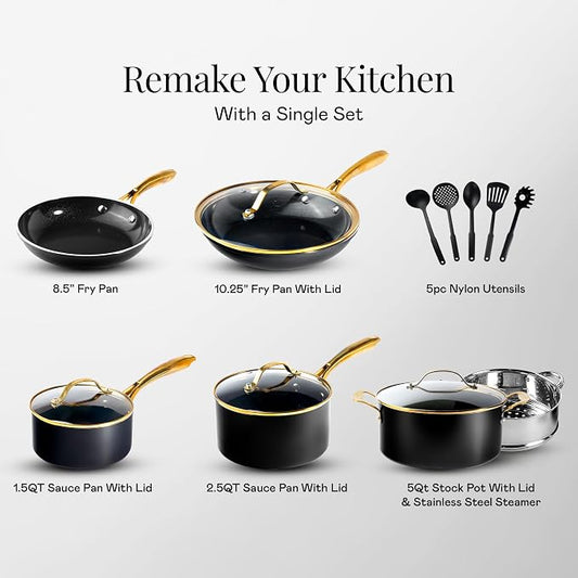Gotham Steel 15 Pc Ceramic Cookware Set Nonstick, Ceramic Pots and Pans Set Non Stick with Steamer & Cooking Utensils, Non Toxic PFOA PFOS Free, Premium Stay Cool Handles, Oven & Dishwasher Safe