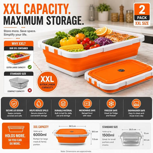 Pamper Paws 2-pack XL Collapsible BBQ Prep Tub with Cutting Board – Foldable Food Prep Container for Outdoor Cooking & Kitchen Use – Space Saving Collapsible Wash Tub, Portable BBQ Prep Tub (Orange)