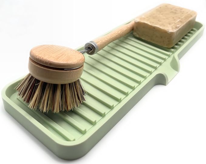 Silicone Soap Dish Tray and Sponge Holder with Drain Chute | Bathroom and Kitchen Sink Organizer Caddy (Pistachio, 12"x4", 7.4 Ounces)