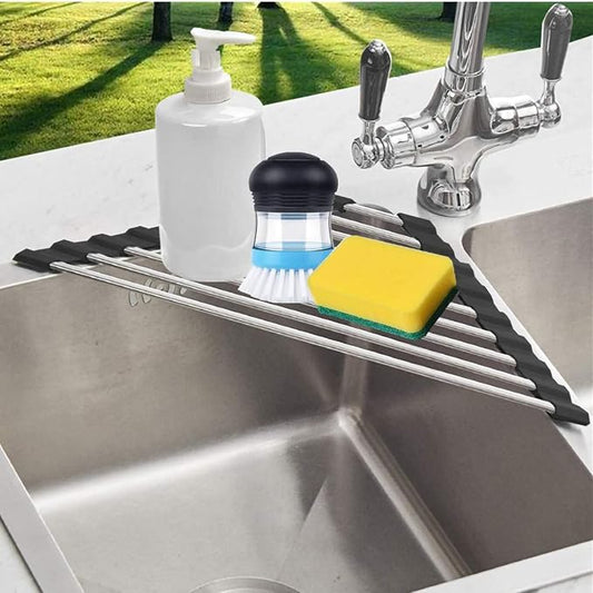 Triangle Dish Drying Rack for Sink Corner Roll Up Dish Drying Rack Folding Stainless Steel Multipurpose Over The Sink Corner Dish Drainer Mat for Kitchen (Black)