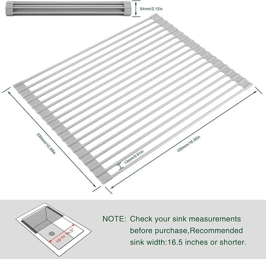 HANZENMA Roll Up Dish Drying Rack Over The Sink Kitchen Roll Up Sink Drying Rack Multipurpose Foldable Sink Drying Mat, Heat-Resistant, Anti-Slip & Anti-Rust Dish Rack for Kitchen, 17" x 13", Grey