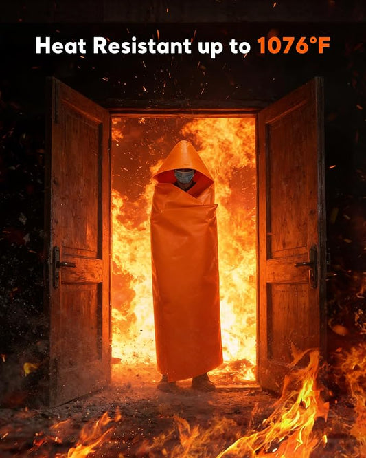 Emergency Fireproof Cloak with Hood – KANHIRO 1076°F Heat Resistant Fire Escape Poncho, Extra Large Silicone Coated Fire Blanket Cape for Home, Kitchen & Emergency