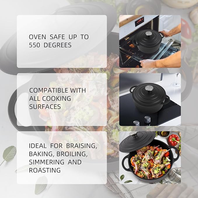 4 Quart Dutch Oven Enameled Cast Iron with Lid - Big Dual Handles - Oven Safe up to 500°F - Classic Round Pot for Versatile Cooking Matte Black(No Enameled