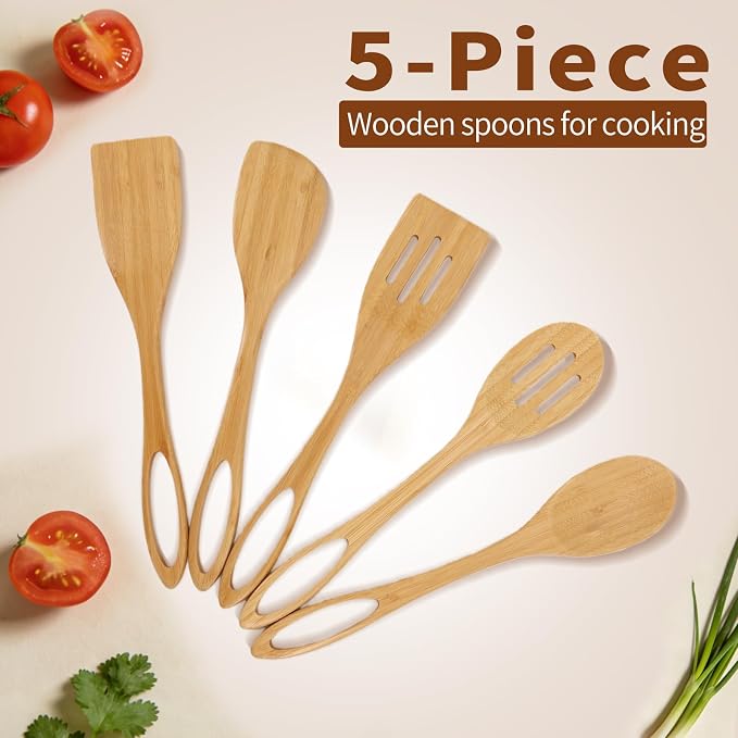 Premium Bamboo Utensils - Smooth Bamboo Spoons for Cooking,Wooden Cooking Utensils Set of 5,Apartment Bamboos Spatula for Nonstick Pan,House Warming Gifts New Home