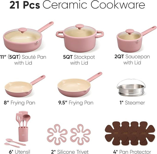 CAROTE 21pcs Cookware Set Nonstick Pots and Pans Set, Ceramic Cookware Set Induction Cookware, Non toxic Healthy Non Stick Kitchen Cooking Set, PFAS PTFE Free