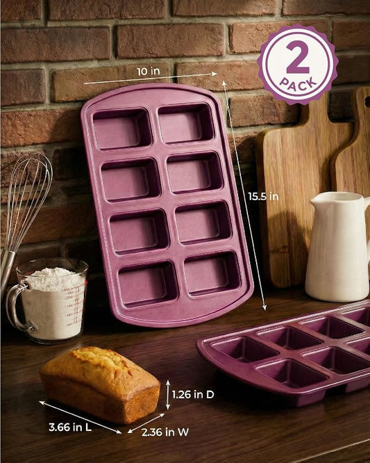 CARTMAN 2-Pack 8-Cavity Mini Loaf Pans Set with Spatula & Brush โ 15.5โ x 10โ Nonstick Carbon Steel Small Bread Pan for Banana Bread, Meatloaf & Keto Snacks Plum Purple