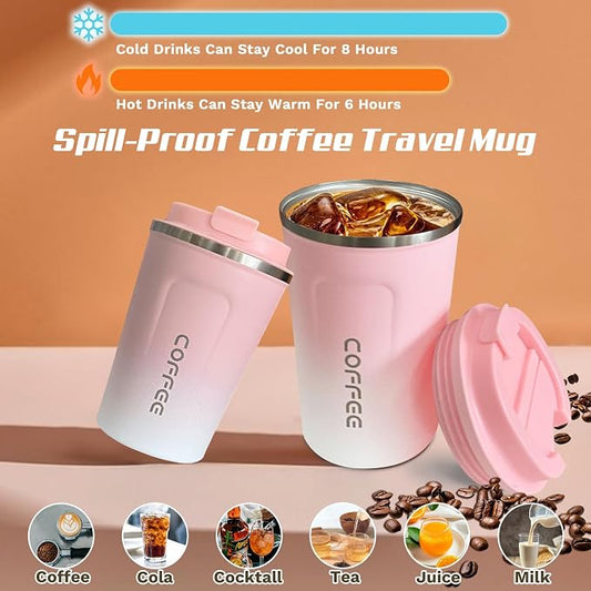 SPLMIFA Travel Coffee Mug Leak-Proof, Reusable Coffee Cups with Lids, Stainless Steel Vacuum Insulated Coffee Tumblers, Thermal Insulation Cup for Men and Women Hot & Cold Drinks(2nd-Pink White, 17OZ)