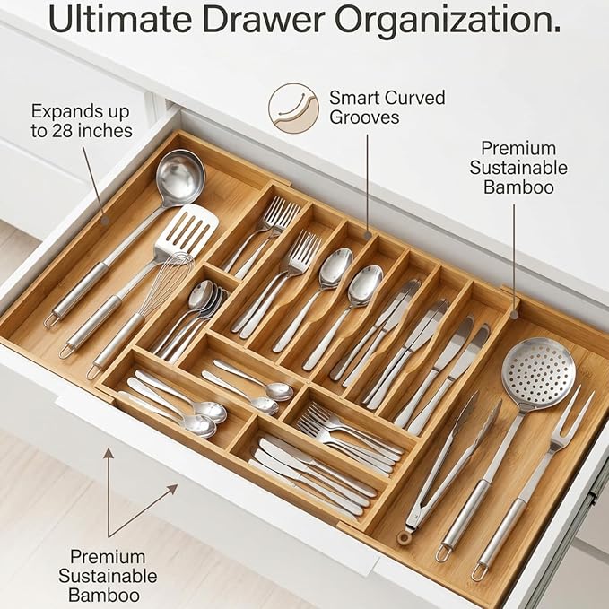 Expandable Bamboo Silverware Organizer for Drawer, 11 Compartments | Expands 18.5"-33", 11-13 Deep Slots with Adjustable Dividers, Solid Bamboo Construction, Non-Slip Design