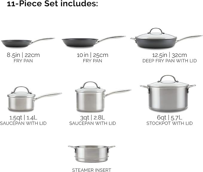 Rachael Ray 70033 Professional Stainless Steel/Hard Anodized Nonstick Cookware Pots and Pans Set, 11 Piece - Gray and Silver