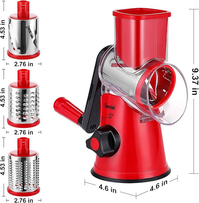 Geedel Rotary Cheese Grater, Kitchen Mandoline Vegetable Slicer with 3 Interchangeable Blades, Easy to Clean Rotary Grater Slicer for Cheese, Vegetables, Nuts