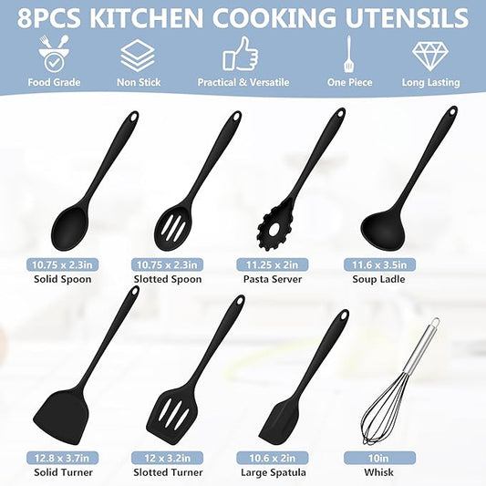 TeamFar Silicone Cooking Utensils Set, 8 PCS Kitchen Utensils Set, 446°F Heat Resistant, Turner, Spatula, Spoon, Whisk, Kitchen Cooking Gadgets Tools for Nonstick Cookware, Dishwasher Safe-Black