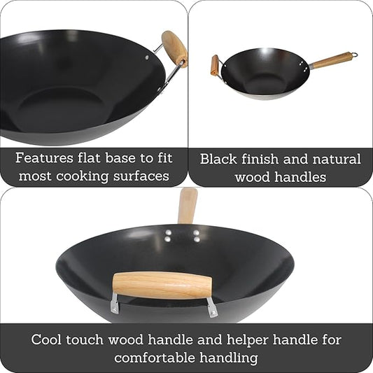 IMUSA 14 inch Carbon Steel Nonstick Wok with Wood Handles - Flat Bottom Wok Pan for Stir Fry, Fried Rice, Asian Cooking and Healthy Meal Preparation - Black Coating