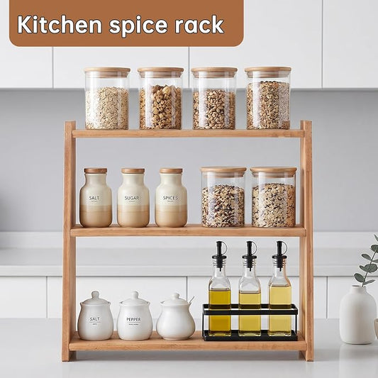 100% Solid Rubber Wood Spice Rack, 3 Tier Freestanding & Wall Mounted Kitchen Countertop Organizer, Trinket Shelf, Tiered Display Stand for Spices, Makeup, Collectibles & Home Decor