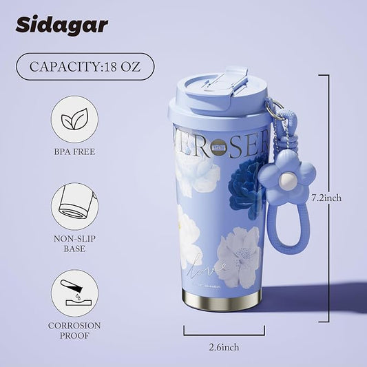 Siidagar 18 oz Coffee Mug, Stainless Steel Insulated Travel Mug with Flip Straw, Double Wall Tumbler Cup with Leak Proof Lid,Reusable Ceramic Water Bottle for Office,Blue